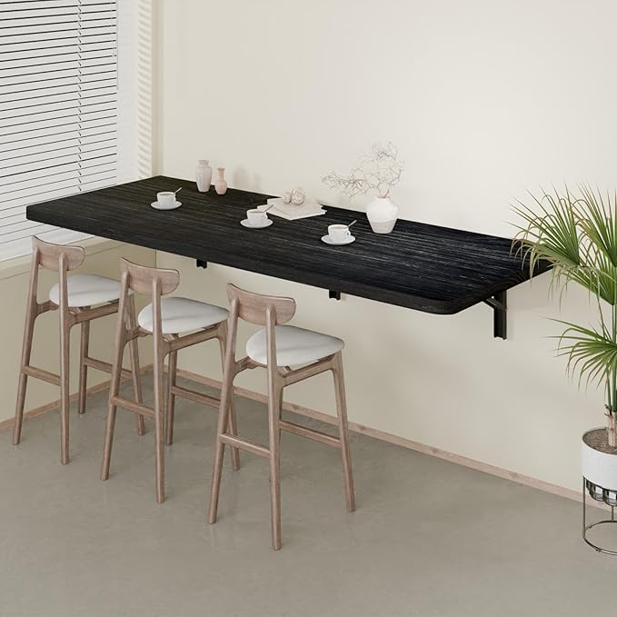 IAE Floating Wall Mounted Folding Table Desk with Pine Wood,55" x 22" Foldable Workbench,Fold Down Wall Mounted Foldable Desk with Shelf Brackets,Laundry Folding Table for Home,Dining,Kitchen,Black