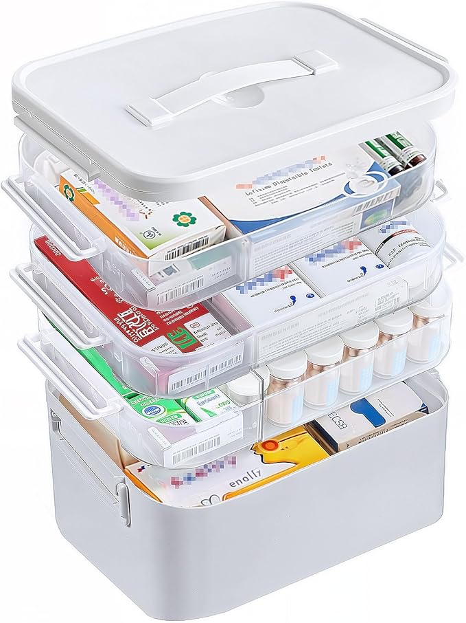 4-Tier Portable Medicine Cabinet Organizer, Large Medicine Storage Box with Handle, Plastic First Aid Box Empty, Multipurpose Medical Supply Organizer, Medication Storage with 3 Removable Tray