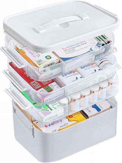 4-Tier Portable Medicine Cabinet Organizer, Large Medicine Storage Box with Handle, Plastic First Aid Box Empty, Multipurpose Medical Supply Organizer, Medication Storage with 3 Removable Tray