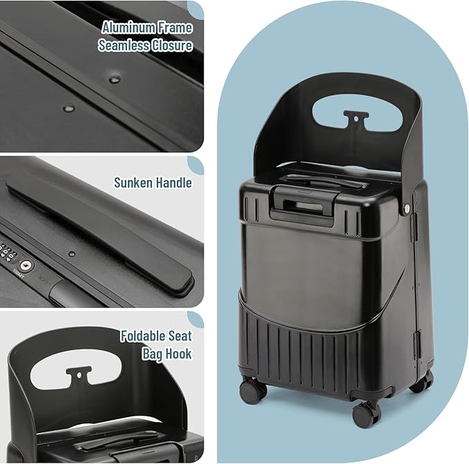 22 Inch TSA Lock Luggage with Seat for Adults and Kids,Check in Lockable Spinner Wheels Suitcase with Belt and Cover (TSA Luggage with Seat Black)