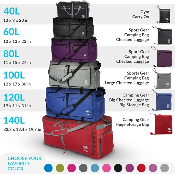 Bago Foldable Duffel Bags for Traveling Women & Men - 40L Sports Packable Duffle Bag for Travel with Shoe Compartment - Water Repellant, Heavy Duty, Lightweight Folding & Collapsible (SnowBlue)