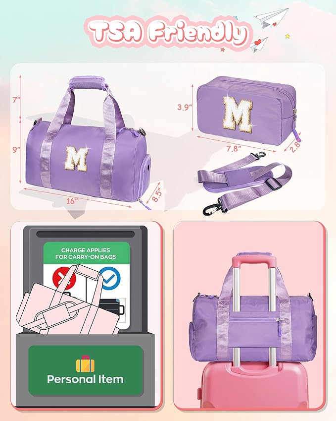Graduation Gifts for Girls-Girl Gym Bag with Shoe Compartment, Kid Personalized Weekender Overnight Bags, Initial Travel Tote with Makeup Pouch, Gift Ideas for Niece Sister (Letter W)