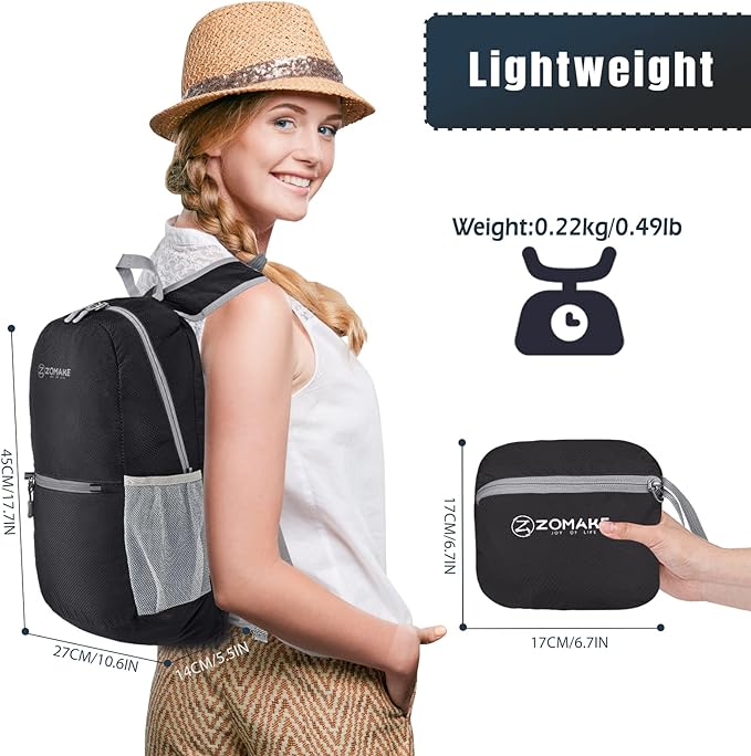 ZOMAKE Ultra Lightweight Hiking Backpack 20L, Packable Small Backpacks Water Resistant Daypack for Women Men(Black)