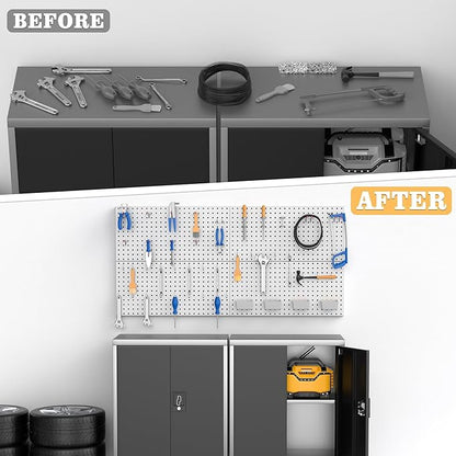 Pegboard Smith 48PCS Metal Pegboard Kit – 12"x24" Tool Storage Wall Organizer Pegboard with Hooks and Bins for Garage, Workshop, Kitchen, Office, and Craft Room (Gray)