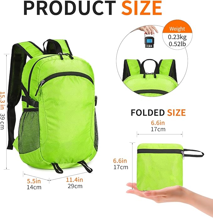 Small Hiking Daypack,15L Water-Resistant Hiking Backpack Packable Lightweight Travel Day Pack for Women Men (LinghtGreen, Small)