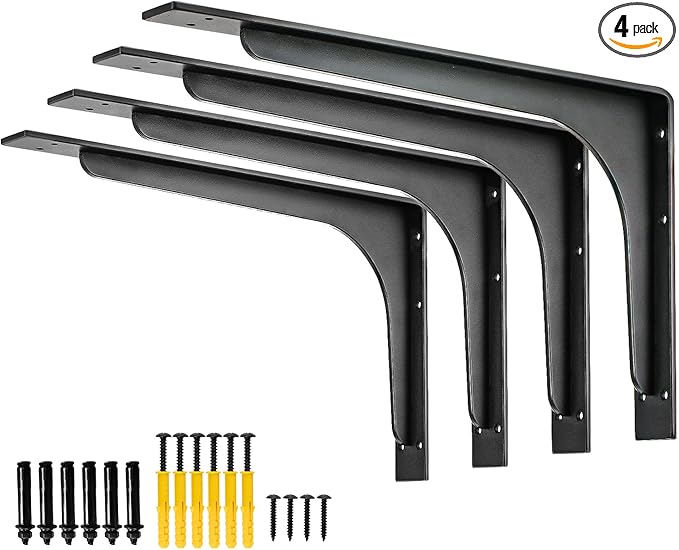 (16 INCH x 9.5 INCH) Shelf Bracket ,L Shelf Brackets,max Load 300lbs, Premium Alloy Metal Heavy Duty Shelf Bracket, high Strength Mounting Hardware Included, countertop Support, Pack of 4.