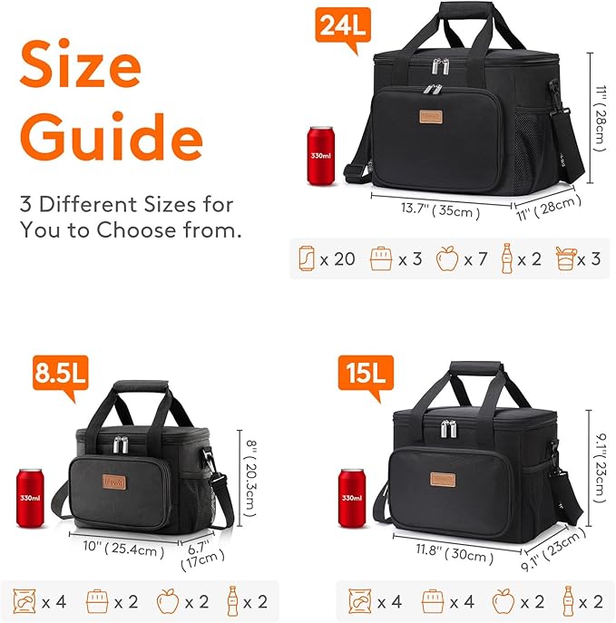 Lifewit Large Lunch Bag Insulated Lunch Box Soft Cooler Cooling Tote for Adult Men Women, Black 24-Can (15L)