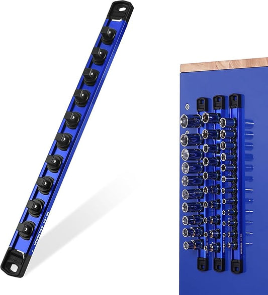 WORKPRO Magnetic Socket Organizer, 3/8" Drive Aluminum Alloy Socket Holder, Heavy Duty Socket Rail with 10 PC Removable Socket Clips, Socket Organizer Tray for Tool Box Drawer (Sockets Not Included)