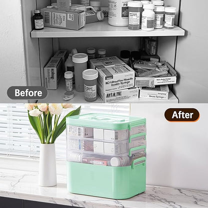 4-Tier Portable Medicine Cabinet Organizer, Large Medicine Storage Box with Handle, Plastic First Aid Box Empty, Multipurpose Medical Supply Organizer, Medication Storage with 3 Removable Tray (Green)