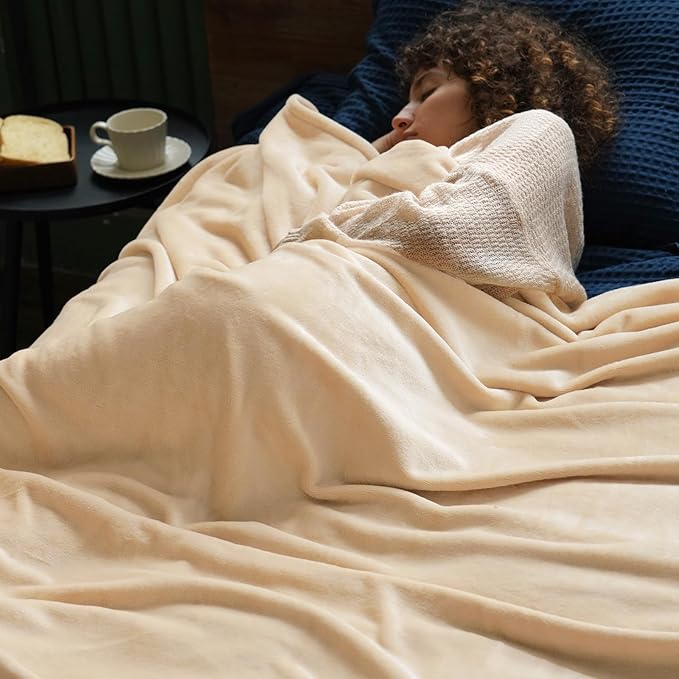 PHF Ultra Soft Fleece Blanket Twin Size, No Shed No Pilling Luxury Plush Cozy 300GSM Lightweight Blanket for Bed, Couch, Chair, Sofa Suitable for All Season, 66" x 90", Beige