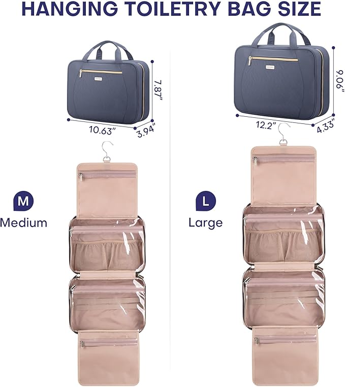 Hanging Toiletry Bag for Women Travel, 2 Sizes Large & Small Waterproof Cosmetic Organizer with 4 Compartments, Rotating Hook, Foldable Pink Travel Bag for Toiletries & Makeup, Large Grey Blue
