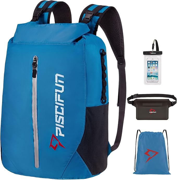 Piscifun Dry Bag Waterproof, Lightweight Dry Backpack Roll-Top Sealed with Waist Pouch and Phone Case Keeps Gear Dry Inside for Kayaking, Boating 10L 20L 30L