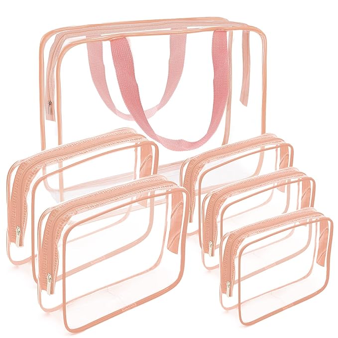 APREUTY Clear Makeup Bags, TSA Approved 6 Pcs Cosmetic Makeup Bags Set Clear PVC with Zipper Handle Portable Travel Luggage Pouch Airport Airline Vacation Organization (Pink)