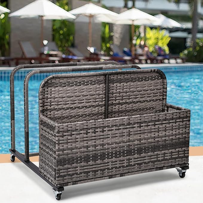 Poolside Float Storage Organizer,Pool Toy Storage Holder with Wicker Basket Outdoor Pool Float Holder Rack Rolling Poolside Caddy Cart Raft Rack for Pool Noodle Equipment Mixed Grey