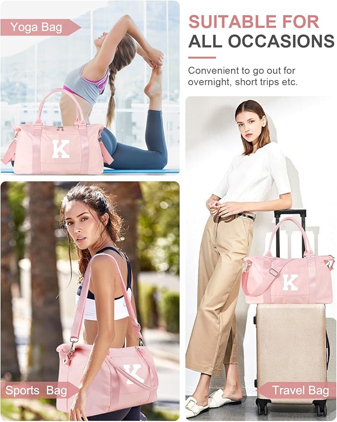 Initial Travel Duffel Bag Sports Gym Bag for Girls Teen Birthday Gifts,Pink Personalized Weekender Bag Carry On Tote Bags for Women Men,Waterproof Overnight Luggage Bag with Trolley Sleeve(Letter K)