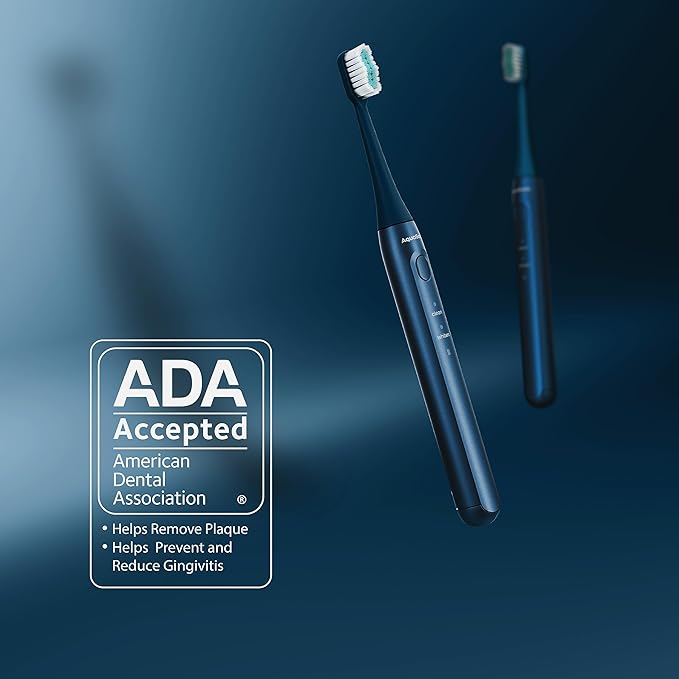 Aquasonic Icon ADA-Accepted Rechargeable Toothbrush | Magnetic Holder & Slim Travel Case | 2 Brushing Modes & Smart Timers | Gentle Micro-Vibrations (Navy)