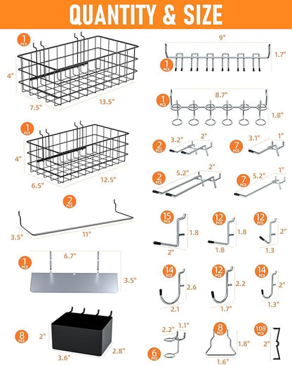 INCLY 238PCS Pegboard Accessories Organizer Kit, Peg Board Hooks Assortment with Peg Bins, Baskets, Paper Towel Holder for 1/8 and 1/4 inch Pegboard Hanging Tools, Garage Wall Storage Attachments