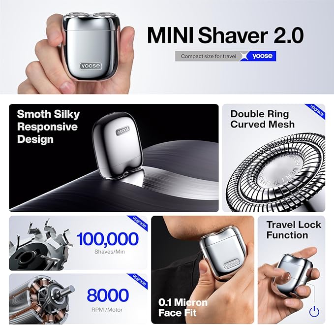 yoose Mini Shaver, Portable Alloy Electric Shaver for Men, Cordless Travel Shavers, Dry Shave, USB-C Rechargeable Electric Razor, IPX7 Waterproof, Easy Cleaning, Battery Indicator, Silver