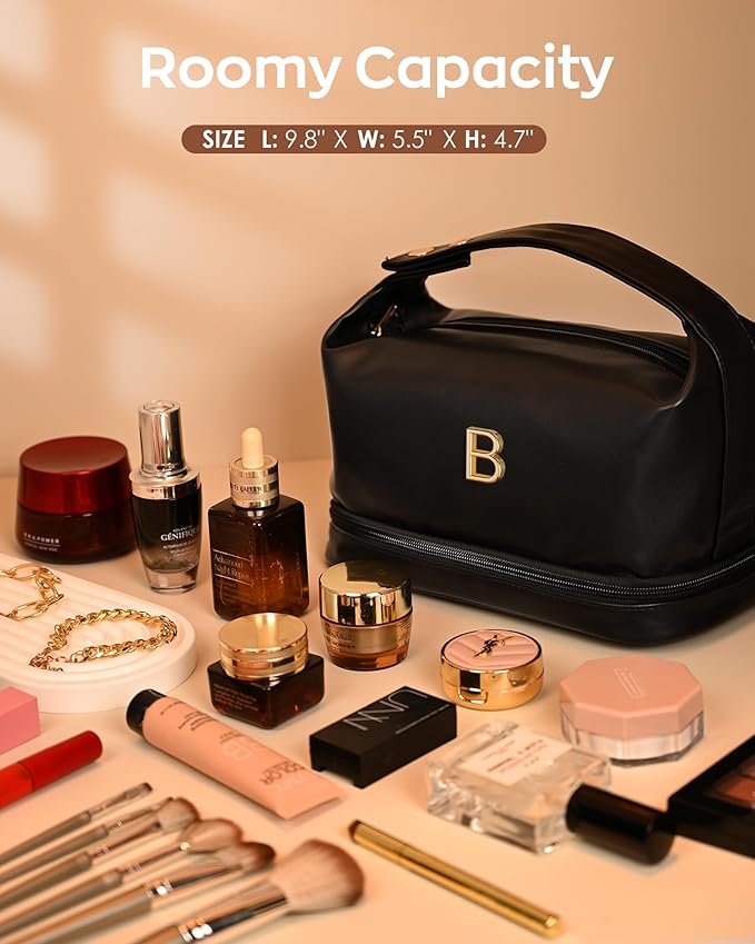 Initial Cosmetic Bags Personalized Bags with Handle, Waterproof Double Layer Makeup Bag, Large Capacity PU Leather Makeup Bags Letter Travel Toiletry Bag with Makeup Brush Organizer