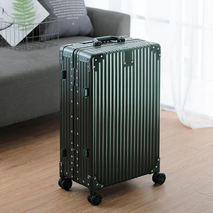 Metal All Aluminum Carry-on Luggage TSA Customs Lock Zipperless Silent Rotary Wheel Business Suitcase Aluminum Frame Set (dark green, 24 '')