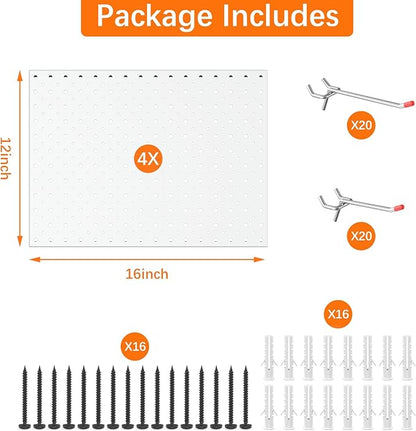 TORACK Metal Pegboard Panels and Hooks for Garage, Workbench, Shop, Shed Tool Organizer Peg Board with 1/8" & 1/4" Holes, Modular Wall-Mounted Pegboard with Pegboard Hooks(Cream White)