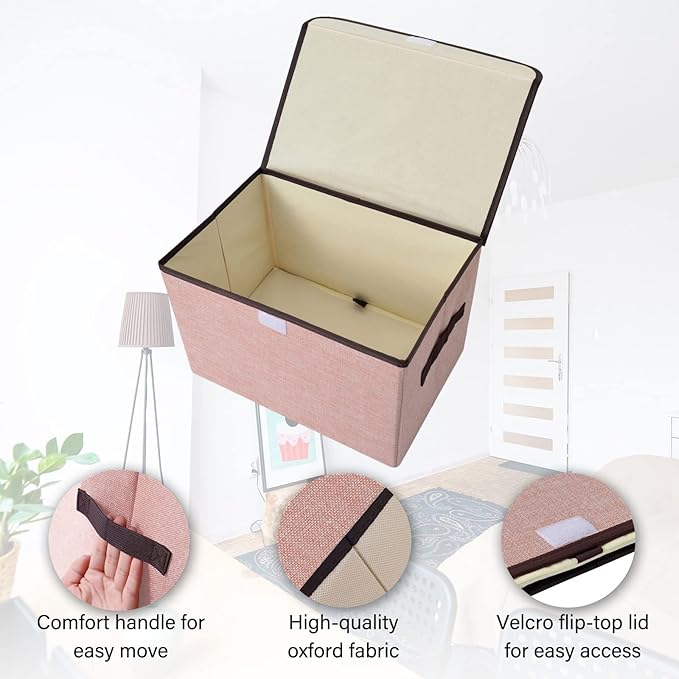 Linen Fabric Foldable Storage Cube Bin Organizer Basket with Flip-Top Lid & Handles, Large Clothes Blanket Box for Home, Office, Closet, Pink, 4 Pack 14.6 x 9.5 x 9.5”