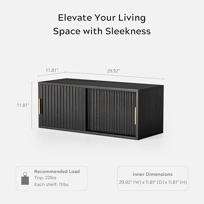 Large Floating TV Stands Set of 2, Modern Fluted Nightstands Wall Mounted Bedside Table Storage Cabinet with Sliding Doors for Living Room, Bedroom Black