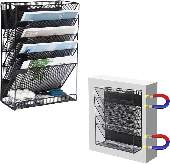 EASEPRES Magnetic File Organizer Mesh 6-Tier, Hanging Wall Mount File Organizer Vertical Holder Rack for Office Home, Black