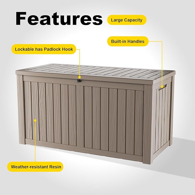 180 Gallon Large Deck Box,Resin Outdoor Storage Box with Lockable for Patio Furniture, Pool Accessories, Garden Tools Waterproof Outside Storage Box, Grey