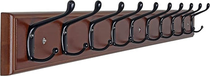 Dseap Coat Rack Wall Mounted: 10-Hooks, 16" Hole to Hole, 38-1/4" Long, Wood Coat Hooks Wall Mounted, Hook Rack, Hook Rail, Hooks for Hanging Coats, Brown & Black