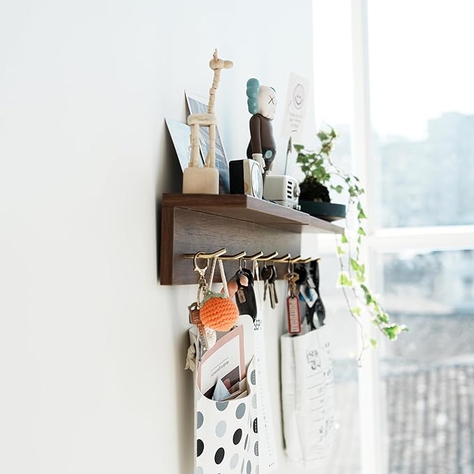 Entrance Coat Rack ，Coat Hooks, Wall-Mounted Wooden Hook Rack, Wall-Mounted Shelves，Key Hook for The Wall，Key Hook (Walnut Color Veneer-c)