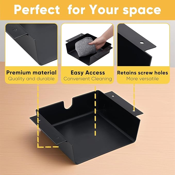 2 Pack Under Desk Hanging Shelf Drawer Organizer, Attachable Plastic Hidden Storage Tray, Easy Adhesive Mount Holder for Standing Tables, Office, Counters, Cabinets, Workstations - Black