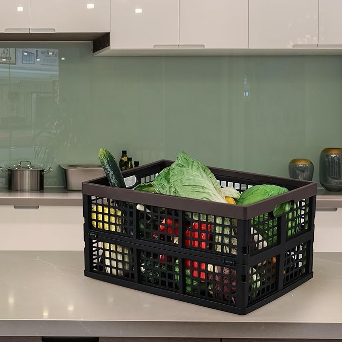 Gloreen 4-Pack 42 L Plastic Collapsible Storage Crate, Folding Storage Crates Baskets