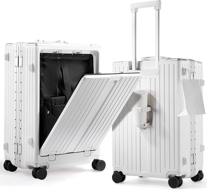 UrbanExplorer 24 Inch Check-In Aluminum Frame Luggage, ABS+PC Hard Shell Suitcases with Spinner Wheels TSA Approved Checked Luggage, Zipperless Suitcases with Cup Holder, White