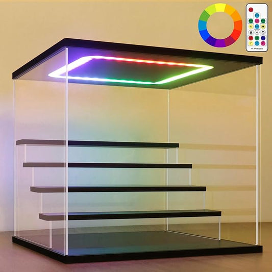 NONEMEY Clear Acrylic Display Case with Light ,3/4/5/6 Tier Multiple Color Lights via Remote Control Dustproof Display Box for Collectibles Figures Mini Toys (5Tier 12.4*12.2*12inch )