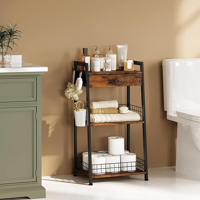 3-Tier Ladder Shelf with Drawer, Bathroom Stand Floor Storage Shelf, Freestanding Tower Shelf Ladder Table for Living Room, Bedroom -Rustic Brown