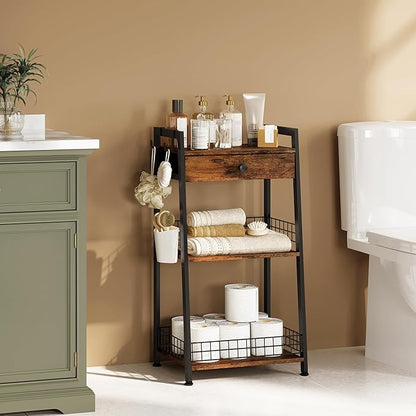 3-Tier Ladder Shelf with Drawer, Bathroom Stand Floor Storage Shelf, Freestanding Tower Shelf Ladder Table for Living Room, Bedroom -Rustic Brown