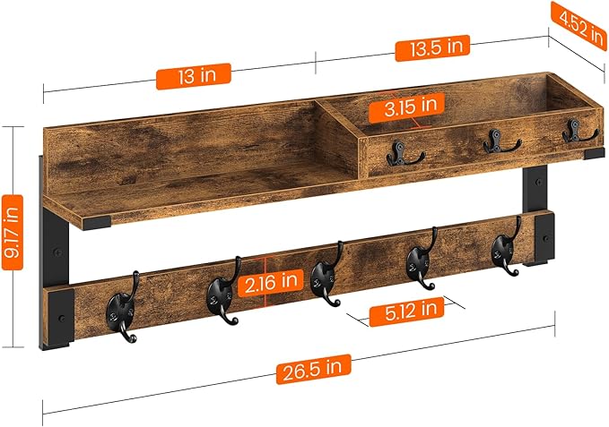 Homode Coat Rack with Shelf, Wall Shelf with Hooks, 26 Inch Long Coat Hanger Wall Mount with Key and Mail Holder, Wood Entryway Shelves for Hanging Hat Jacket Backpack Purse, Rustic Brown Black