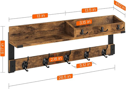 Homode Coat Rack with Shelf, Wall Shelf with Hooks, 26 Inch Long Coat Hanger Wall Mount with Key and Mail Holder, Wood Entryway Shelves for Hanging Hat Jacket Backpack Purse, Rustic Brown Black