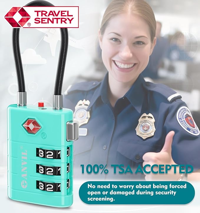 ANVIL TSA Approved Luggage Locks – High Security TSA008 Combination Travel Locks with Inspection Indicator for Suitcases and Backpacks. (3, Cyan)