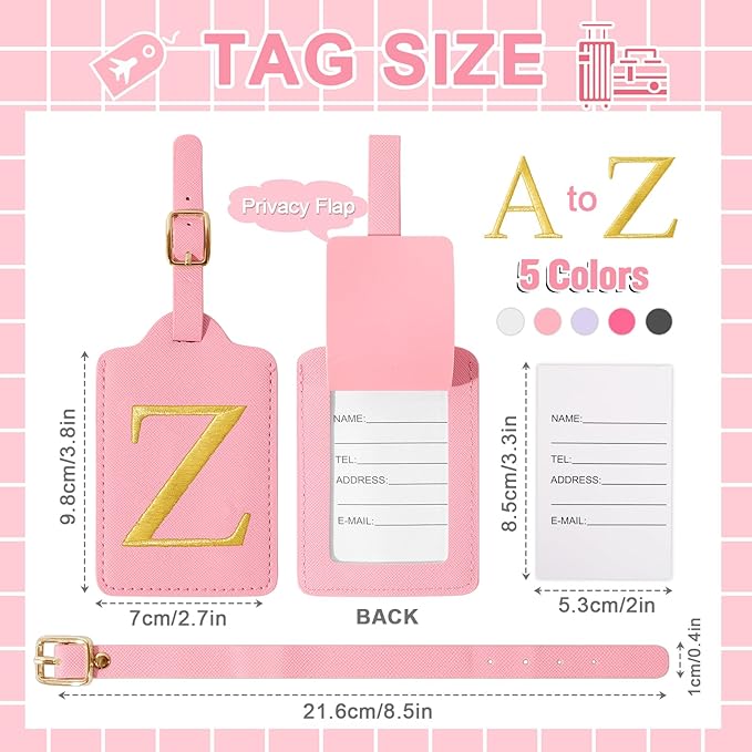 Personalized Initial Luggage Tags for Suitcase, Pink Leather Cute Luggage Tags with Privacy Cover Name Card, Embroidered Custom Monogrammed Luggage Tag Travel Bag Baggage Tags Gifts for Women Kids(Z)