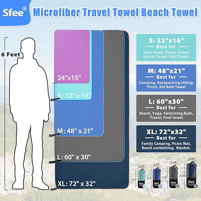 Sfee 2 Pack Microfiber Travel Towel, Quick Dry Towel Camping Towel Large Beach Towel Super Absorbent Compact Lightweight Sport Gym Towels for Beach, Gym, Hiking, Pool, Backpacking, Bath, Yoga