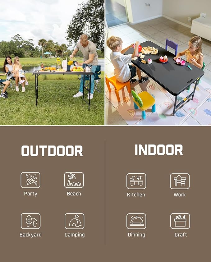 FanttikOutdoor 4ft Portable Folding Table, One-Handed Height Adjustment, 4 Heights, Gravity Lock, Carry Handle, Indoor Outdoor Heavy Duty Fold-in-Half Utility Table, Party, 1 Pack, Black Zeta X4 Pro