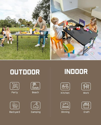 FanttikOutdoor 4ft Portable Folding Table, One-Handed Height Adjustment, 4 Heights, Gravity Lock, Carry Handle, Indoor Outdoor Heavy Duty Fold-in-Half Utility Table, Party, 1 Pack, Black Zeta X4 Pro