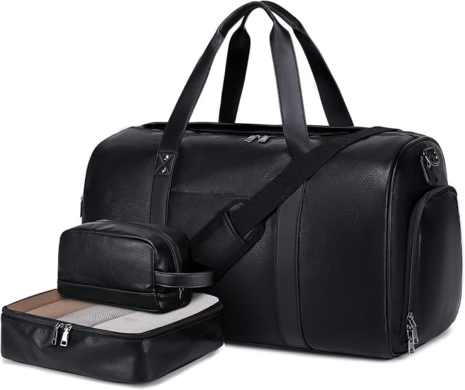 Wogarl 3PCS Leather Weekender Bag for Women Men Large Overnight Bag Travel Duffel Bag with Shoe Compartment Toiletry Packing Cube Carry On Bag Fit 21"" Laptop(Black), YT042