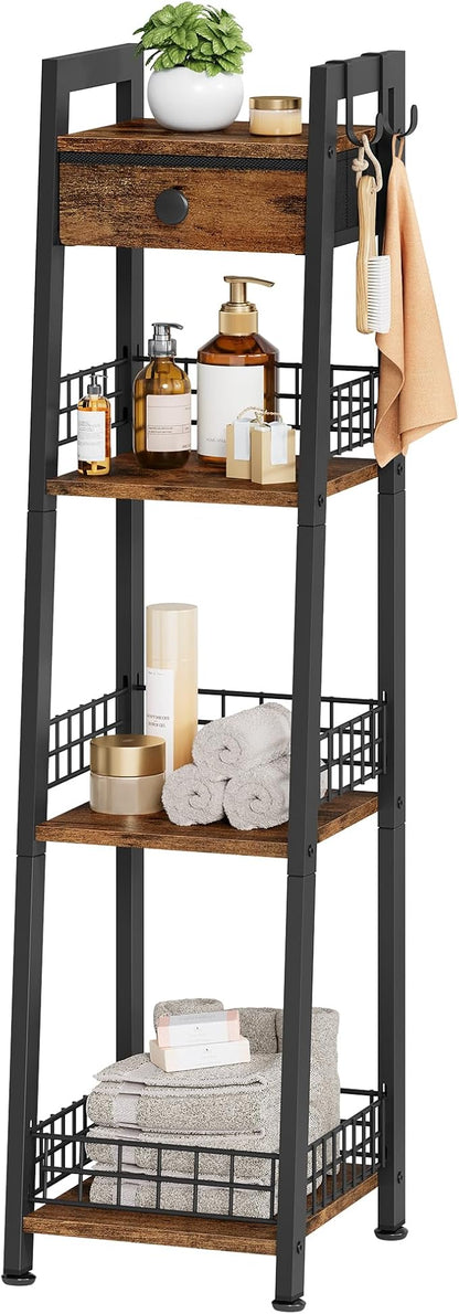 4-Tier Narrow Bathroom Table Ladder Shelf with Drawer, Bathroom Stand Floor Storage Shelf, Freestanding Tower Shelf Ladder -Rustic Brown.