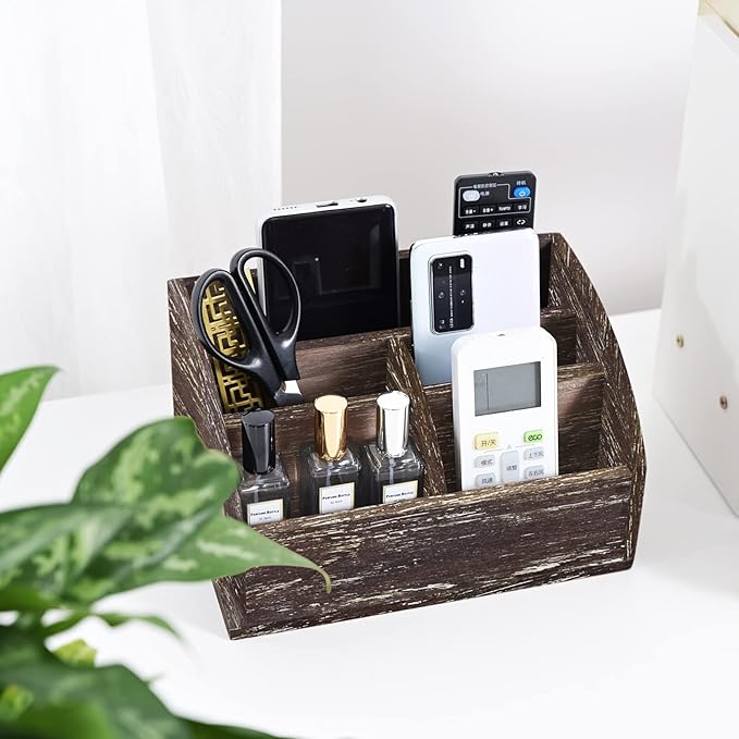 OKSQW Wood Desk Organizer, Solid Wooden Dark Brown Pen Holder for Desktop Organizer, No Need Assembly, Home Office Supplies Workspace Organizers Mail Holder Remote Control Countertop Storage Box