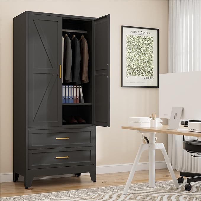 71" Tall Metal Wardrobe Cabinet with 2 Drawers and Hanging Rod, 2 Doors Armoire Wardrobe Closet with Shelf for Bedroom, Office, Laundry Room, Black