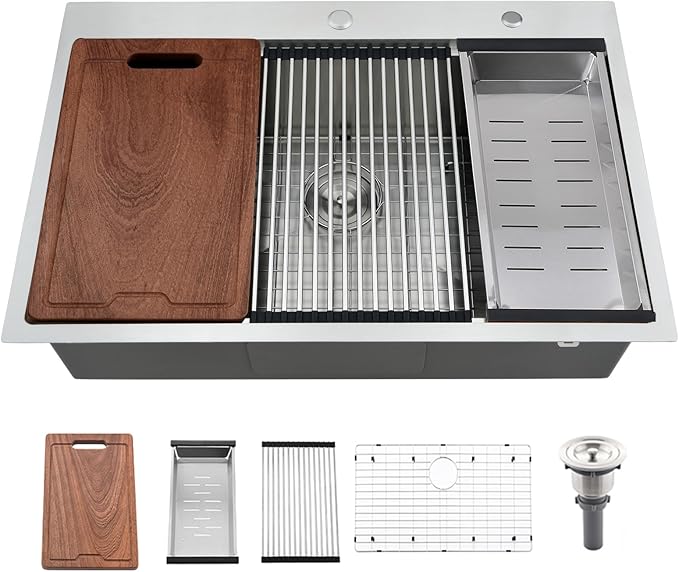 30 Inch Drop In Kitchen Sink Workstation-Bokaiya 30x22 Stainless Steel Drop In Sink 16 Gauge Deep Single Bowl Kitchen Sink with Cutting Board