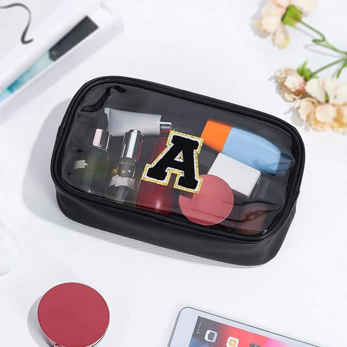 YOOLIFE Travel Toiletry Bag for Women, Black Clear Makeup Bag Cute Make Up Bag for Women Cosmetic Bags Skin Care Makeup Bag Organizer Birthday Gifts for Women Teacher Mother Girlfriend Initial T